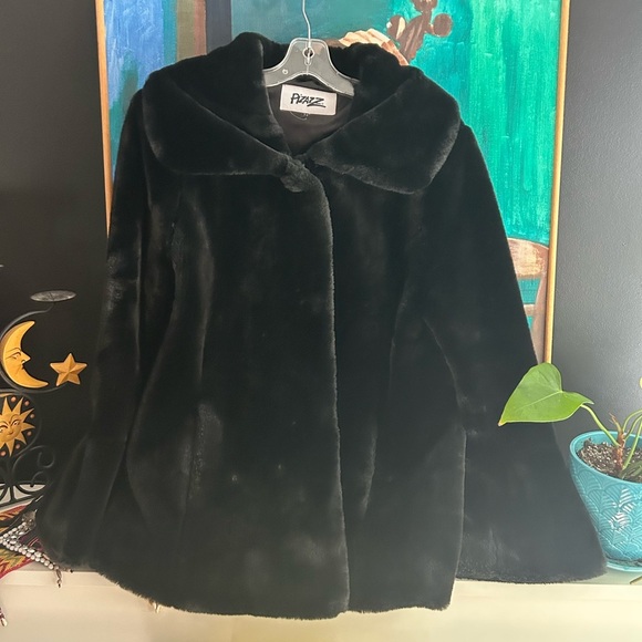 Pizazz Vintage Luxurious Black Faux Fur Pea Coat M - Picture 2 of 16